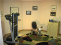 A vinyl surface flooring in the combined exercise / office area adapts well for moving exercise equipment and desk caster rolling chairs.
