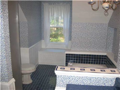 Hall Bath adjacent upper level bedrooms. Cute with schmultz and pizaze. Dormer windows with seat bench. Tiled tub surround, curved glass shower, and seperated dual vanities